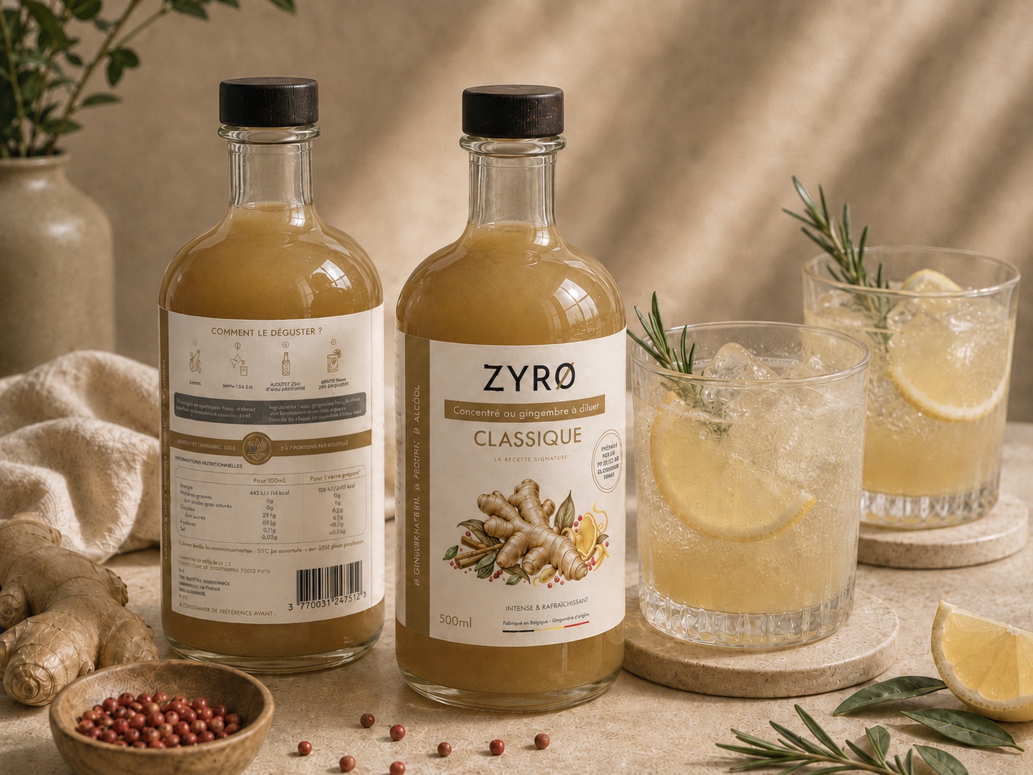Bouteilles ZYRO Classique et verres servis frais avec gingembre, citron et épices.